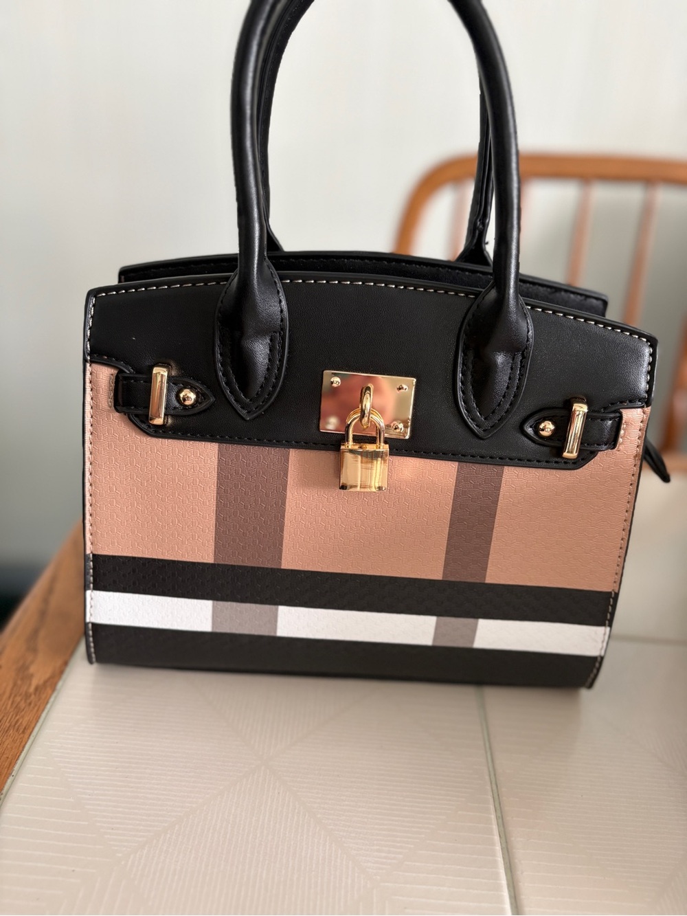 Structured Black and Tan Plaid Top-Handle Satchel